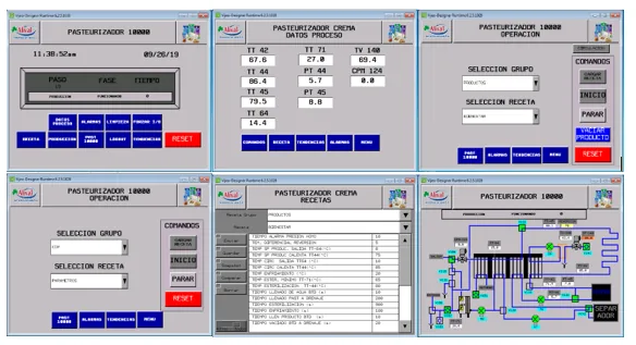 Pantallas HMI del pasteurizador de 10.000 litros: operación, datos de proceso y selección de recetas